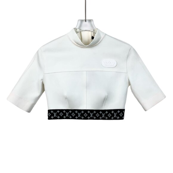 H12492 Louis Vuitton white label hem logo monogram high collar short sleeve T-sh - Picture 1 of 8